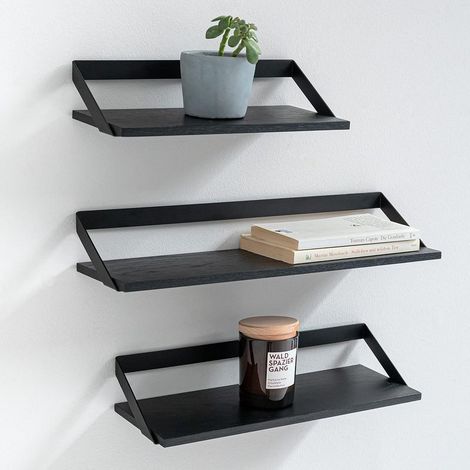 Étagères Murales -Finn- Ensemble d'Étagères Flottantes en 3 Parties en Métal et Placage de Bois Véritable Décoration Murale, Rangement et Étagère pour Salon, Cuisine, Chambre Chêne, Noir (1/5)