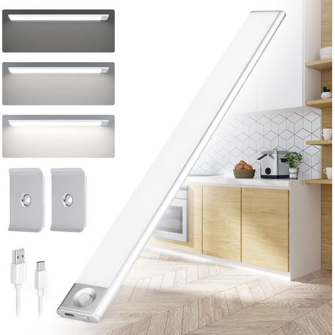 60cm Lampe de Placard, Détecteur de Mouvement, Lumière Sans Fil, Rechargeable USB, Bande Magnetique Adhésive Veilleuse Placard Led Autocollant Convient à Armoires, Cuisines, Couloirs,Silver (1/3)