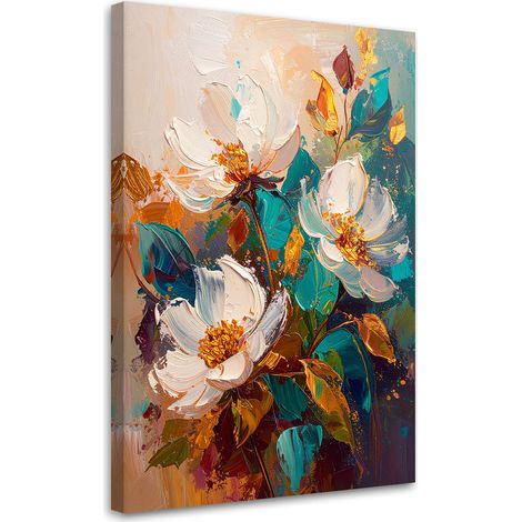 Toile Imprimée, Fleurs colorées dans une composition turquoise et orange,20x30 (1/4)