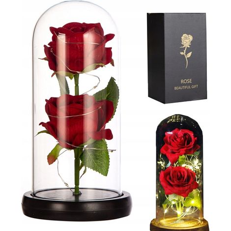 ROSA DOBLE ETERNA EN CRISTAL CON LUZ LED DE REGALO