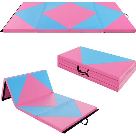 Tapis de gymnastique pliant en cuir PU 8 pieds avec attaches velcro - rose et bleu (1/5)