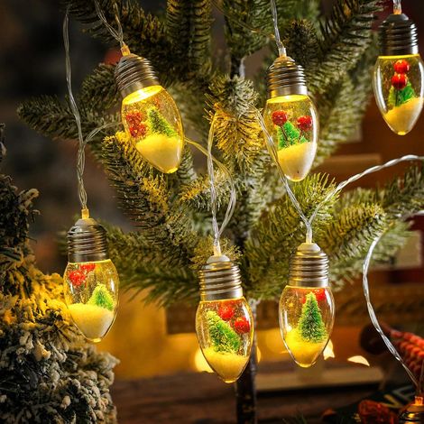 Guirnalda de luces navideñas con forma de bolas de nieve, 10 LED, 2 metros de largo, con motivos de árbol de Navidad y bayas. (1/4)