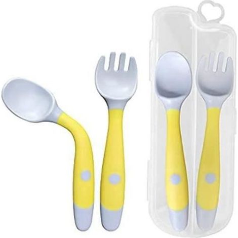 Cuillère Et Fourchette Apprentissage Bébé - PP TPE Sans BPA - Flexible 360° - Ergonomique - Jaune - Lot De 2 (1/4)