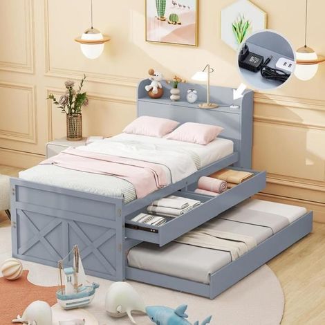 Lit - KOMHTOM - Lit simple 90x190 cm - Pin massif - Tiroirs & lit gigogne - Tête de lit avec rangement USB (1/5)