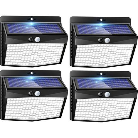 Lampe Solaire Exterieur Detecteur de Mouvement Lot de 4, LED Lumiere Extérieur avec Détecteur, 3 Modes/etanche Spot Solaire, Eclairage Extérieure pour Jardin Murale Garage, Blanc Froid (1/5)