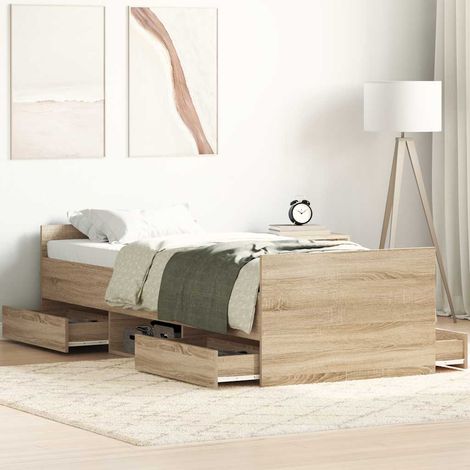 Cadre de lit chêne Sonoma 90x190 cm avec rangement, en bois d'ingénierie et contreplaqué, 4 tiroirs (1/4)