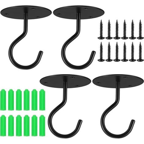 4 Pièces Crochets de Plafond pour Plantes Suspendues, Crochets de Suspension Robustes Fixés au Mur, Crochet de Plafond à Visser pour Suspendre Lanternes, Jardinières, avec Vis, Noir (1/4)