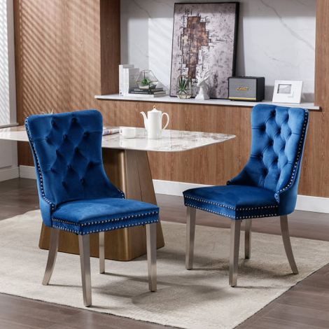Lot de 2 Chaises de Salle à Manger Collection Nikki Haut de Gamme en Bois Massif Capitonné Velours, Pieds Acier Inoxydable Chromé Garniture Cloutée, Style Contemporain Bleu et Chromé (1/3)