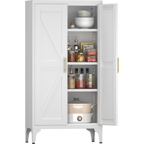 Armario de almacenaje metálico de 2 puertas con baldas regulables, acero, blanco, HOMVRA (1/4)