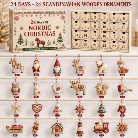 Adventskalender 2026 – 24-teilig – beige, rot, grün – Holz – 24 Tage nordischer Weihnachtsschmuck – Christbaumschmuck – Countdown-Kalender – geeignet für die Weihnachtsdekoration und als Weihnachtsges (1/3)