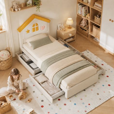 Cama infantil 90x200 cm con forma de casa y 4 cajones, terciopelo francés, beige DESVIAE (1/5)
