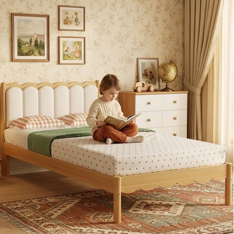 Lit enfant 90 x 200 cm capitonné en bois beige avec tête de lit PU et cadre en bois (1/5)