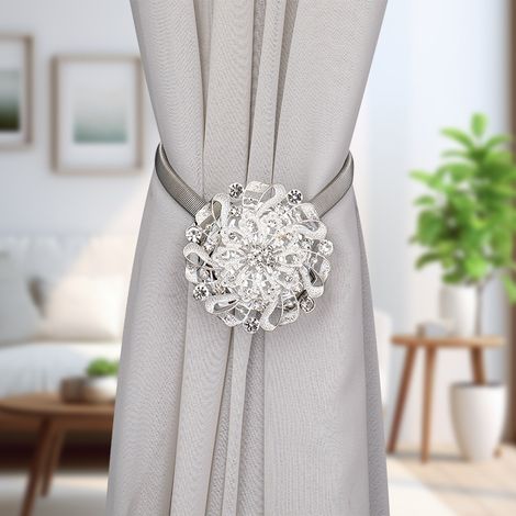Lot de 2 Embrasses Rideau Aimantées Style Nordique Fleur Cristal – Attaches Magnétiques Zinc Alliage Sans Perçage, Aimant Fort Boucles Déco Moderne Salon Chambre Voilage Argent (1/5)