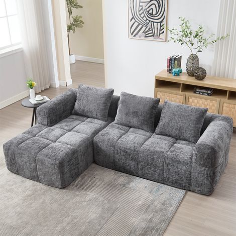 Canapé d’angle 3 places 250 x 158 x 60 cm - Chenille gris - Méridienne, 3 coussins (1/5)