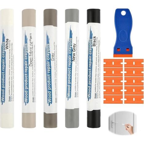 Kit Reparation Parquet 5 Couleurs Gris, Pate a Bois Rebouchage avec Spatule et Lames, Mastic Bois pour Stratifie, Enduit de Rebouchage pour Meubles, Sols, Portes, Kit Reparation Carrelage