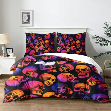 Housse de Couette Motif de Crâne 140x200 cm,Enfant Parure de lit imprimé Ensemble 3D literie Gothique, 1 crâne Housse de Couette + 2 taies d'oreiller 65 x 65 cm.(K5x140) - 140x200 (1/5)