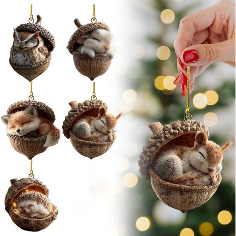 Guirlande Animale En Acrylique - Décoration De Noël Pour Arbre À Thème Forêt - Squirrel Owl Bird Bunny Hedgehog - 5 Pièces