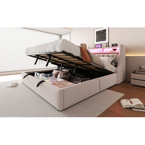 Lit coffre hydraulique 180x200 cm, tête de lit matelassée rabattable avec rangement, prises intégrées et étagère, éclairage LED, pieds élargis en velours beige (1/5)