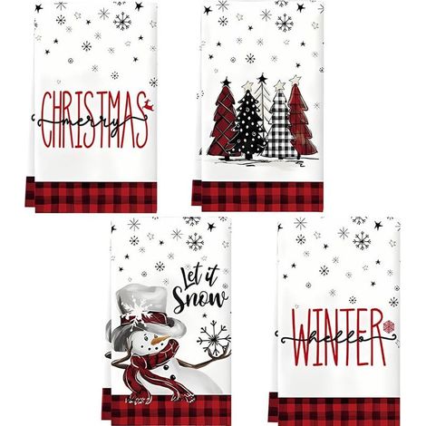 4pcs Torchons de Noël, Torchon Vaisselle de Noël, 40 x 60 cm Decoration Noels Torchon Cuisine Serviettes, Torchons de Cuisine Noëls, Bonhomme de Neige, Arbres (1/5)