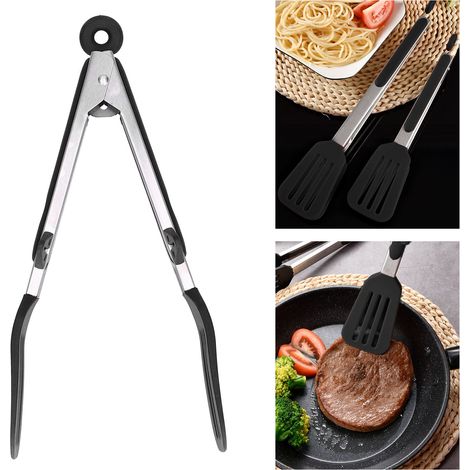 Spatule alimentaire en acier inoxydable et silicone avec pince, outil de cuisson pour barbecue et grillades à la maison, support noir de 23 cm. (1/5)