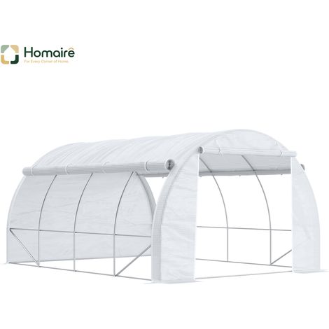 HOMAIRE Gewächshaus Foliengewächshaus 3,97x3,02x2m avec protection UV, étanche au vent et porte latérale en acier blanche