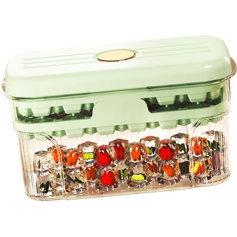Moule à glaçons avec couvercle et bac, grande capacité, pour la fabrication de glaçons pressés. Boîte de rangement pour blocs de glace à double compartiment, vert.