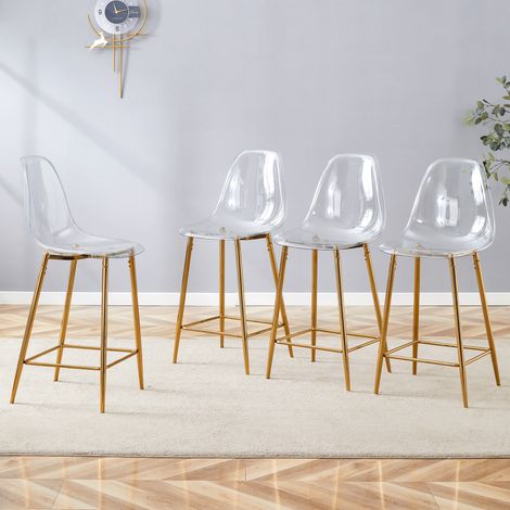 Ensemble de 4 tabourets de bar transparents en acrylique, structure métal argenté/doré/noir, design moderne pour cuisine, bar ou salle à manger (1/4)