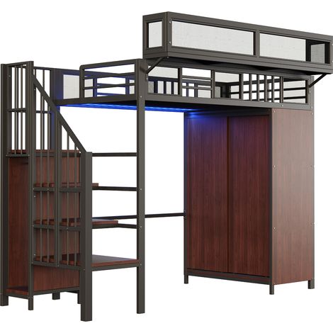 Letto a soppalco in metallo 90 x 200 cm con armadio, scala di sicurezza e LED, nero HOMVRA (1/5)
