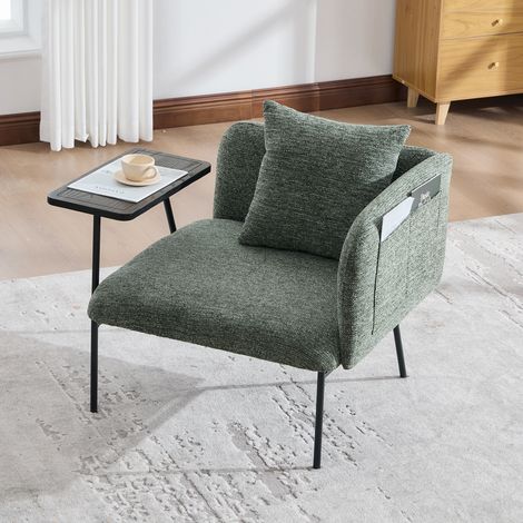 Fauteuil avec table d’appoint et poches de rangement, assise confortable en chenille , pieds métal noir - émeraude (1/5)