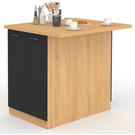 Idmarket – Îlot central 100 cm bois façon hêtre – Portes noires – Plan de travail épais 3 cm – Design moderne pour cuisine ouverte