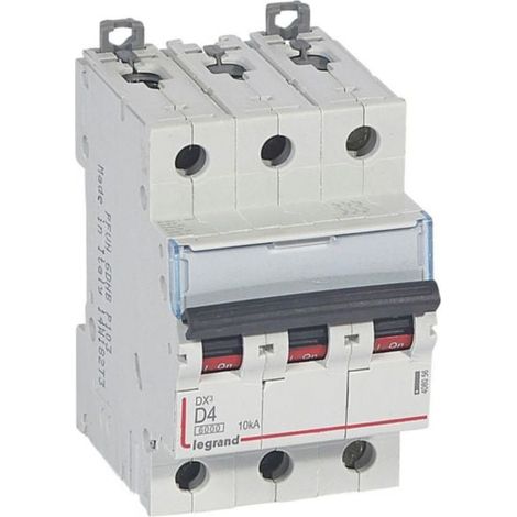 Disjoncteur DX³6000 10kA arrivée haute et départ bas à vis 3P 400 - 4A - courbe D - pour peigne HX³ traditionnel - LEGRAND