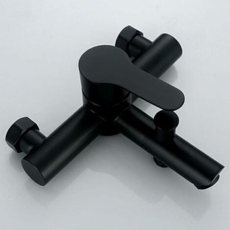 Ensemble mitigeur de salle de bain et douchette avec support de flexible, design minimaliste, laiton noir, robinetterie (1/5)