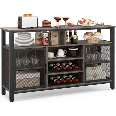 GOPLUS Buffet de Cuisine 140x40x82,5cm avec Range-Bouteilles et Porte-Verres pour 8 Bouteilles-2 Placards Porte en Maille Gris (1/5)