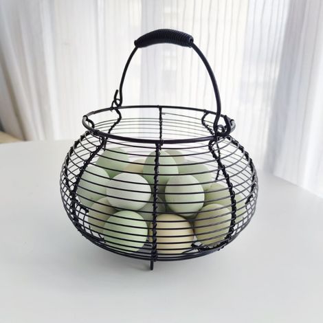 Drahtkorb im Landhausstil für Eier mit Schwimmgriff, Retro-Partykorb/Küchenobstkorb, Gemüsekorb, schwarz. (1/3)