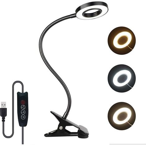 7W Usb Lampe De Bureau à Pince, 3 Couleurs Et 10 Luminosité Réglables, 48 Led 350° Flexible, Lampe Pince Pour Lit, Liseuse Lampe De Lecture Livre, Dimmable Usb Clip Lampe De Chevet Pour Lire (Noir) (1/5)