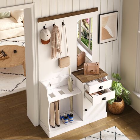 Garderobenset 110.5x38x191 cm Weiß Spanplatte mit Spiegel, Schubladen, Haken und Schirmständer (1/5)