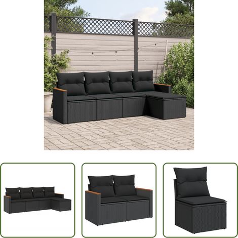 vidaXL Rattanmöbel - 5-tlg. Garten-Sofagarnitur mit Kissen Schwarz Poly Rattan (1/5)