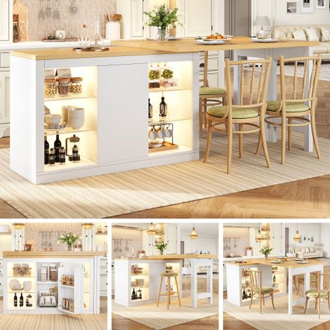 Isola cucina allungabile con tavolo da pranzo, illuminazione a LED RGB controllabile tramite app, 120-197 cm, girevole a 360°, con ante magnetiche e ripiani in vetro, bianco/nero, portata massima 60 k (1/5)