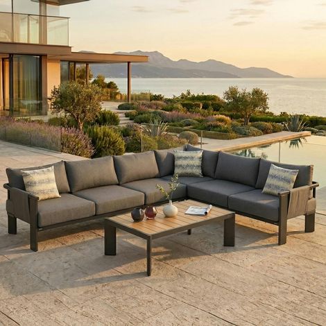 Salon de jardin canapé d'angle 5 places + table basse LIGO (1/4)