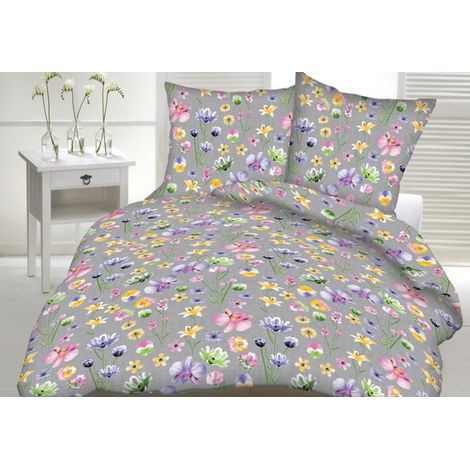Bettwäsche-Set aus 100 % Baumwolle, 160 x 200 cm, Blumenmuster auf grauem Hintergrund (1/2)