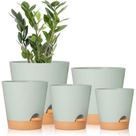 Set of 5 self-watering green flower pots, 7/6.5/6/5.5/5 inches, with drainage holes, plastic flower pots, planting pots suitable for all indoor plants (1/5)