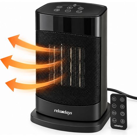 Calefactor Relaxdays, PTC cerámico, 2 niveles, 900/1500 W, Eco, oscilación, temporizador 24 h, mando, negro (1/5)