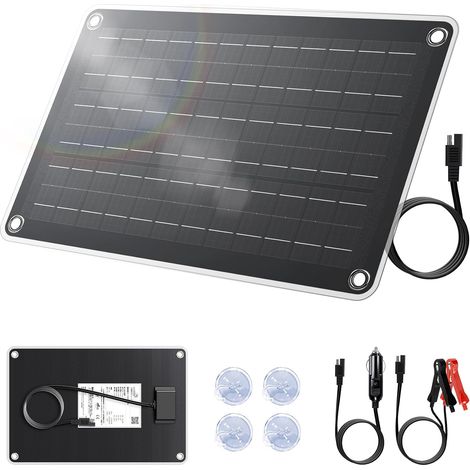 Panneau Solaire Portable 10W avec Sortie SAE + Adaptateurs Allume-Cigare et Pinces Batterie, Monocristallin 22.5% pour Moto Camping Caravane (1/5)