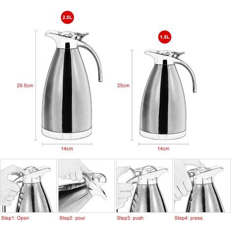 2-Liter-Thermoskanne aus Edelstahl, doppelwandige Isolierflasche für Kaffee, Tee und heißes Wasser, silberner Krug, Wasserflasche aus Metall. (1/4)