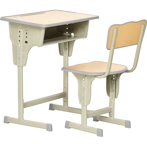 Banco Scuola con Sedia per Bambini 6-12 Anni, Scrivania per Bambini con Altezza Regolabile, Vano Contenitore e Portapenne, Acciaio e MDF, Color Legno