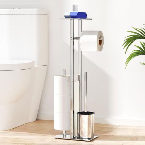 - Toilettenpapierhalter - Toilettenbürste - Glasablage - Ersatzrollenhalter und Telefonhalter fürs Badezimmer - Silber - 25 x 15 x 60 cm (1/5)