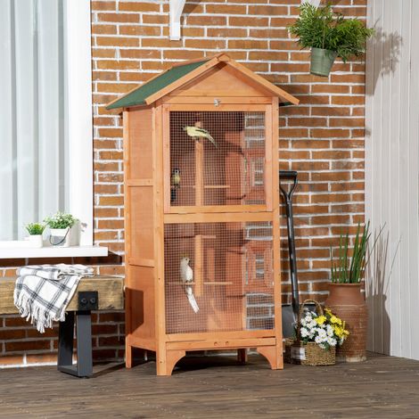 Jaula para Pájaros de Madera con 3 Puertas 4 Perchas Bandeja Extraíble y Techo Asfáltico 80,5x57x153 cm Natural (1/5)