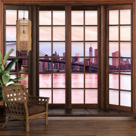Papier peint panoramique Trompe l'oeil Fenêtre en bois - New York - 130 cm x 104 cm (1/5)