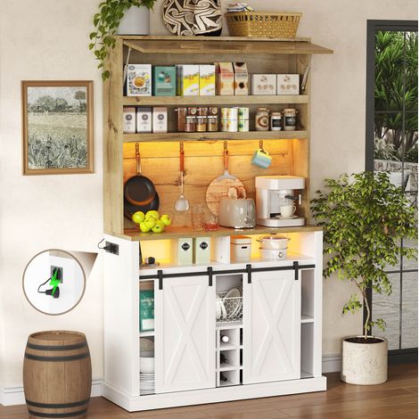 Mobile dispensa da cucina 110x40x191 cm, con vetrina, luci RGB, ripiani aperti, MDF bianco naturale (1/5)