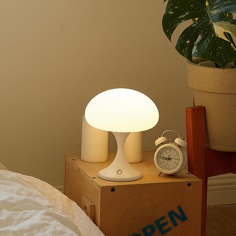 Lampe champignon, lampe de table LED rechargeable sans fil, abat-jour en verre, lampe de style vintage, lampe de chevet, blanc (1/4)